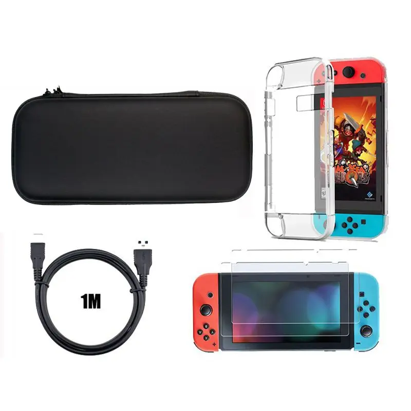Черный Сумка Switch 4 в 1, сумка для аксессуаров+ зарядный кабель+ протектор+ чехол+ пленка для экрана из закаленного стекла - Цвет: Черный