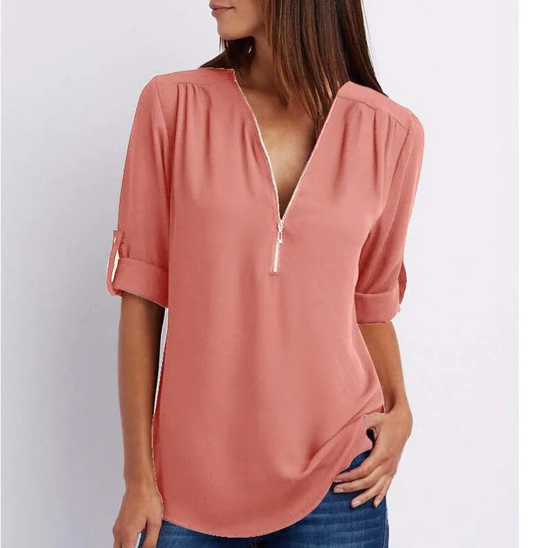 15 Blusas mujer de moda, рубашка с длинным рукавом и v-образным вырезом, Элегантная блузка, шифоновая Женская Коллекция nouvelle, с украшением на молнии - Цвет: 15