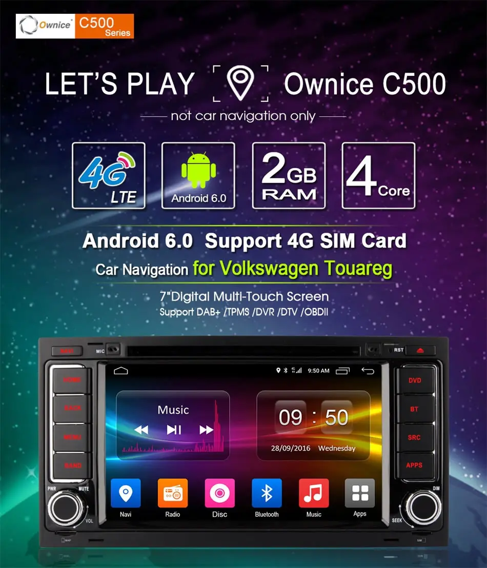 Ownice C500 Android 6.0 4G SIM LTE 2G RAM Car DVD GPS Radio for Volkswagen Touareg T5 Transporter Multivan 2004-2011 Stereo