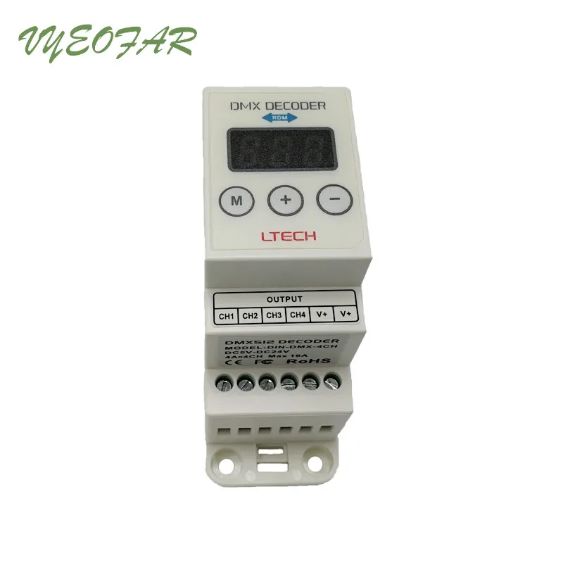 DIN-DMX-4CH; 4CH контроллер dmx; DC5-24V вход; 4A* 4CH выход 4 канала DMX512 Светодиодная лента декодер