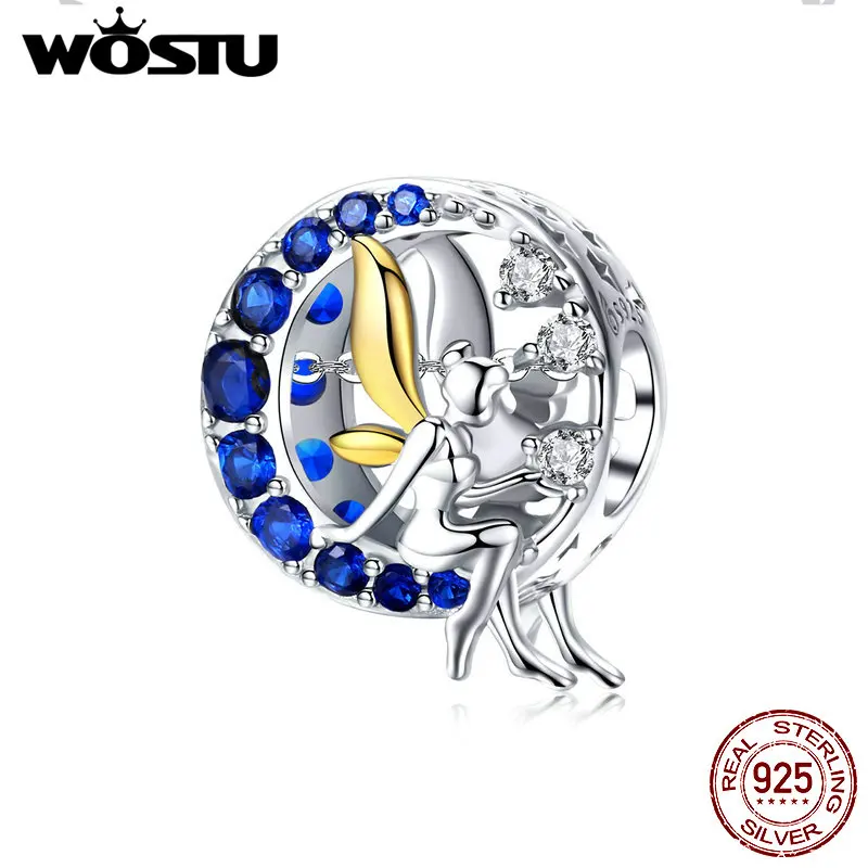 WOSTU Lunar Moon& Fairy Elf аамулеты, 925 пробы, серебристые, синие, CZ бусины, подходят к оригинальному браслету, ожерелью, сделай сам, изготовление ювелирных изделий, FNC070
