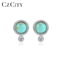 czcity real 925 sterling silver round turquoise stud earrings for women fine jewelry brincos joyeria fina para mujer gift se0421