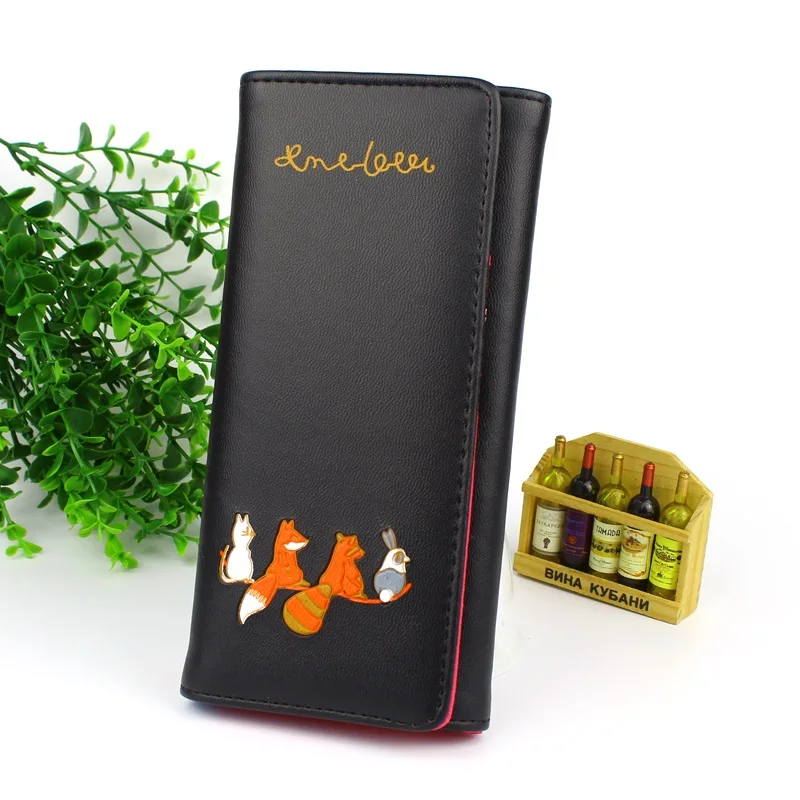 Long Black Женские кошельки, женские кошельки, милые Мультяшные животные, кошелек, длинный держатель для карт, повседневный клатч для девочек, кошелек для мелочи из искусственной кожи, сумочка-кошелек - Цвет: Long Black