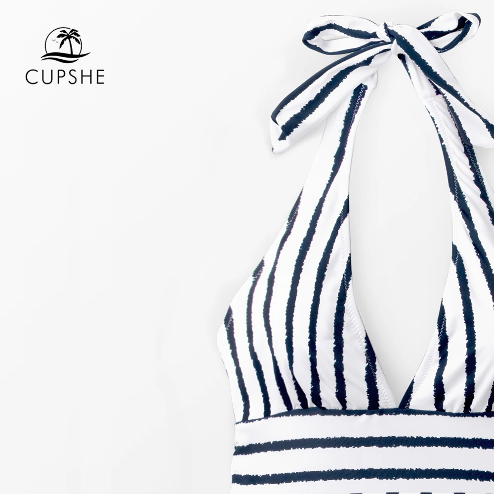 Купальник CUPSHE Женский морской и белый в полоску с бантом лямкой на шее купальник