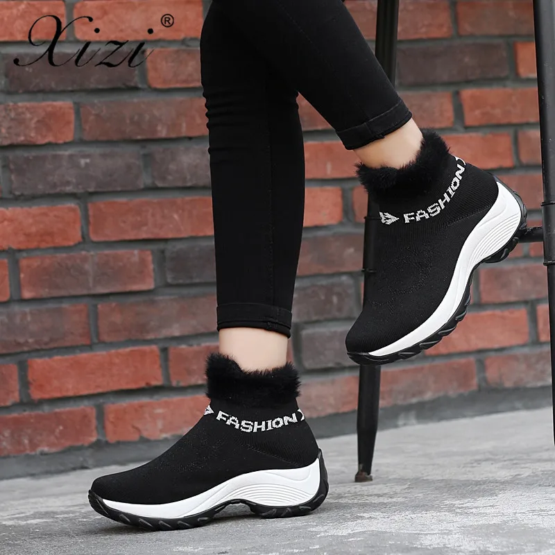 Зимние женские ботинки XIZI теплые ботильоны на высокой танкетке без шнуровки с