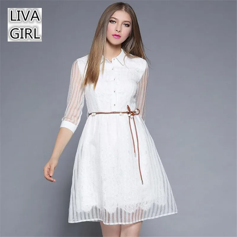 Модное белое милое платье Лето 2017 г. Осень Высокое качество шифоновое с рукавами