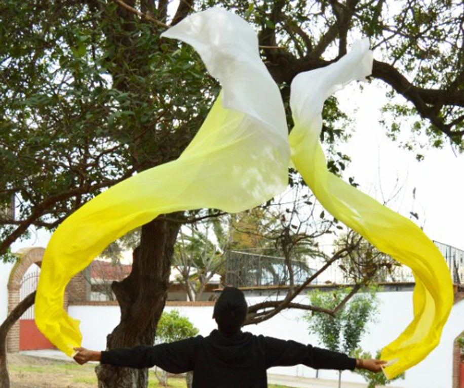 

2016 High selling 100% Real Silk Veils 1 Pair handmade women Quality Silk Belly Dance Fan Dance Yellow Gradient White 180*90 cm
