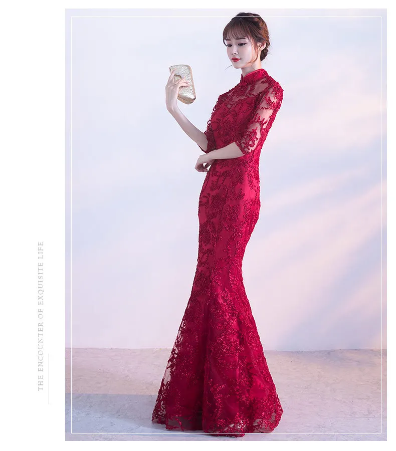 Кружева Cheongsam сексуальное длинное Qipao красное свадебное платье русалки Женские китайские традиционные платья Женская Роба в восточном стиле с кружевным воротником