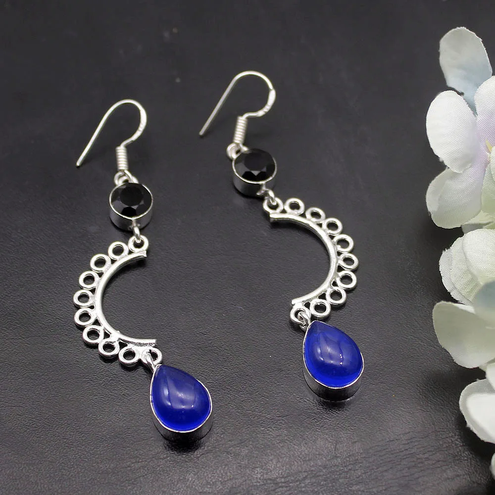 Hermosa трендовые Женские Висячие серьги BlueChalcedony BlackOnyx 2 7/8 дюйма A432 | Украшения и