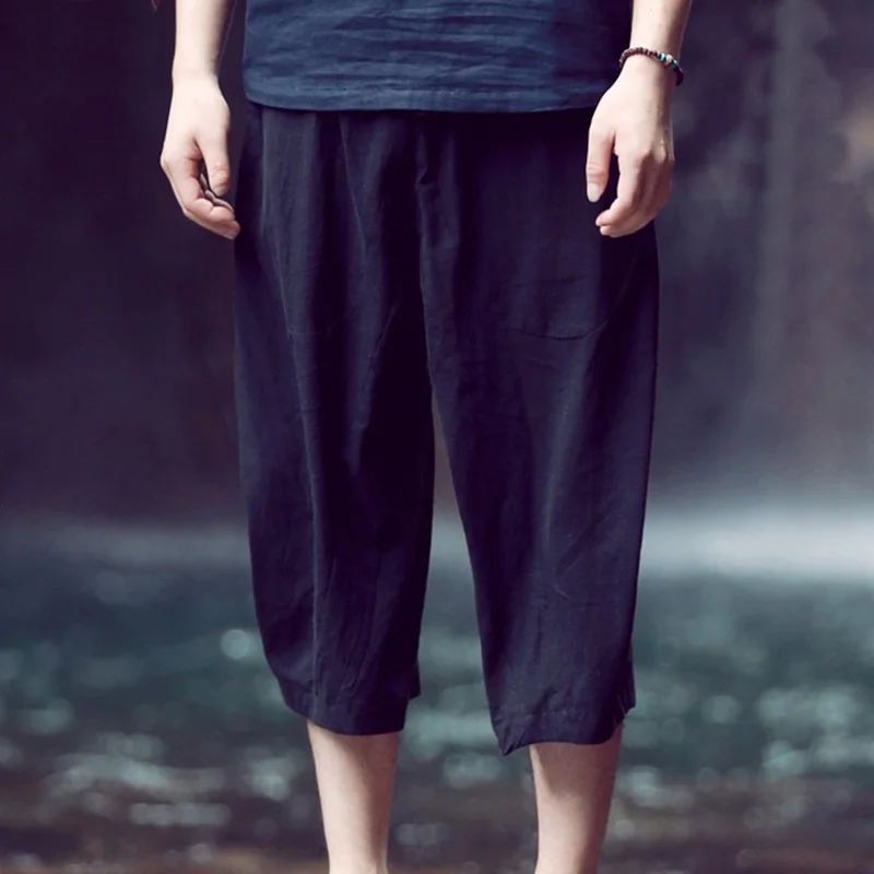 Мужские льняные брюки в китайском стиле белые с широкими штанинами укороченные