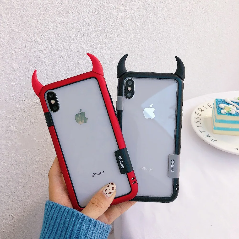 Haissky 3D Забавный чехол для телефона с рогом дьявола для iPhone Xs Max XR X 8 7 6 прозрачная акриловая задняя крышка для iPhone 6 7 8 Plus Coque