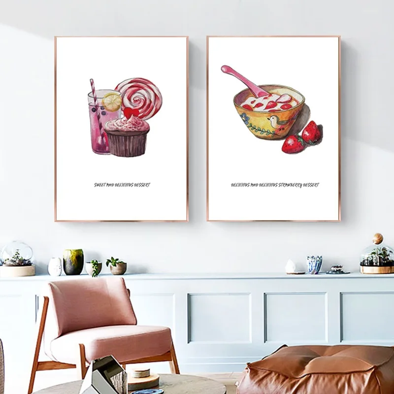 Modern Home Decoration Wall Art Pictures Cartoon Dessert Canvas Painting Watercolor Cake Nordic Poster For Coffee Shop Kitchen | Дом и сад
