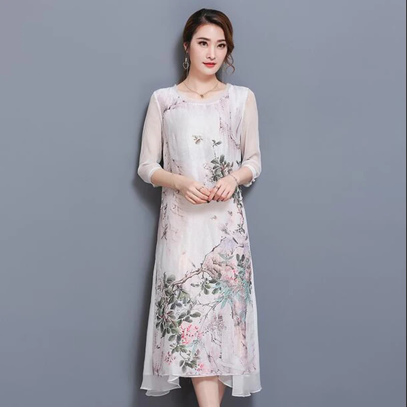 Женское платье с принтом летнее длинное весеннее шелковое в стиле ретро большого