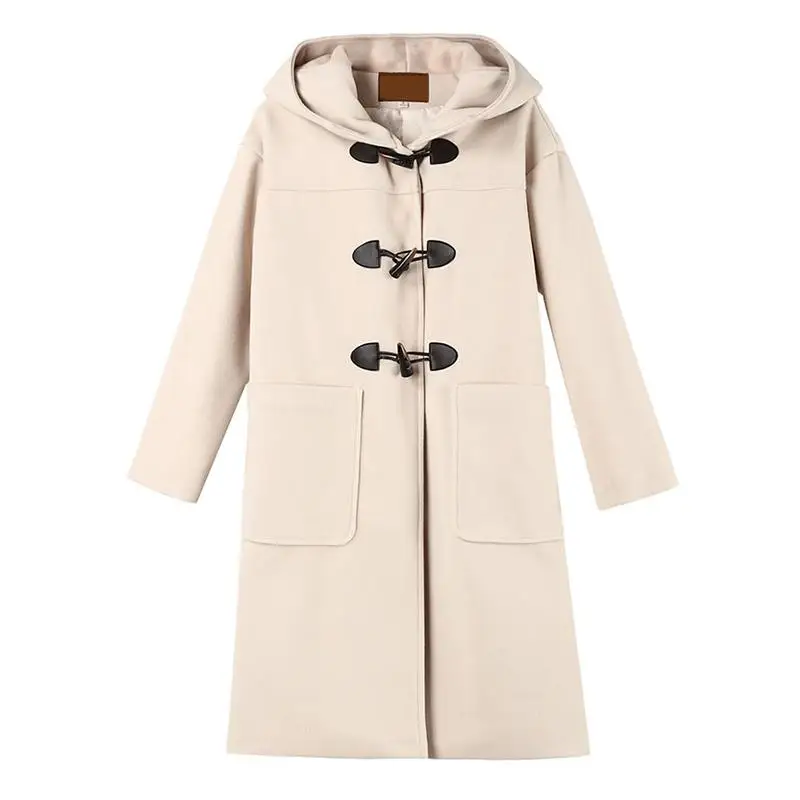 

New Winter Women Long Woolen Coat Pocket Hooded Horn Button Loose Overcoat Autumn Slim Wool Jacket Outerwear Female