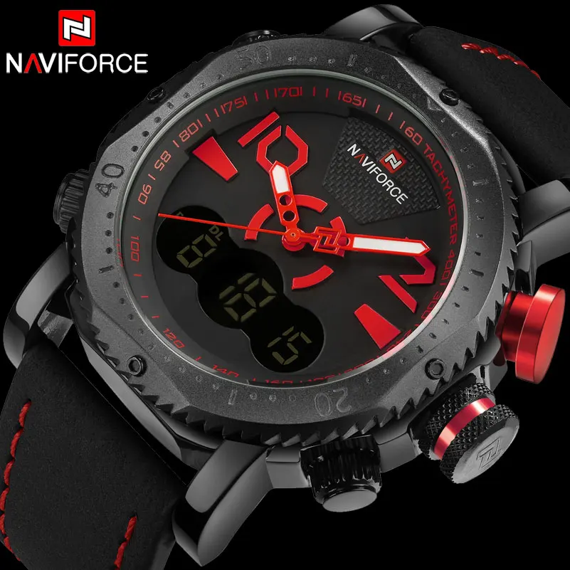 NAVIFORCE мужские спортивные часы двойной дисплей цифровые кожаные кварцевые