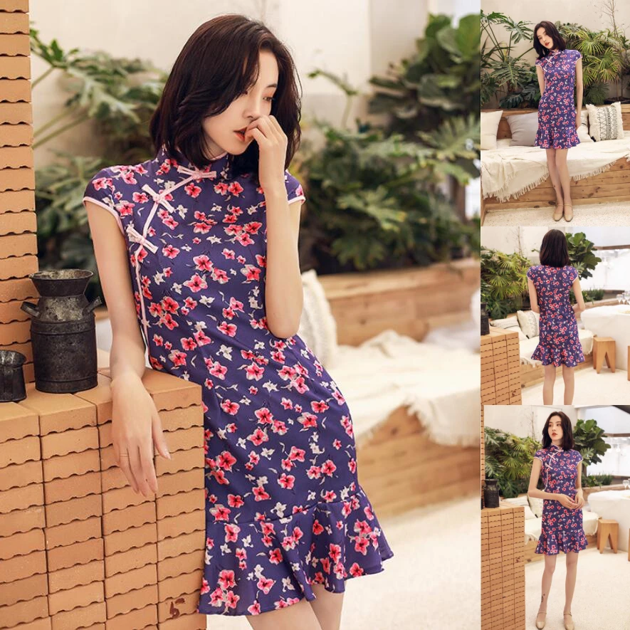 2019 Лето плюс размер платье Чонсам рыбий хвост женское китайское цветочное Ципао