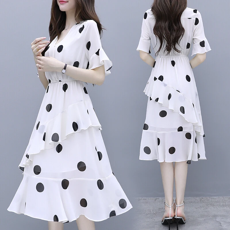 Женское шифоновое платье в горошек черное или белое элегантное приталенное