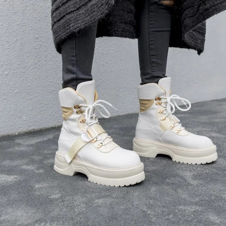 Для женщин сапоги осень-зима 2019 круглый носок на шнуровке из флока с Пряжкой