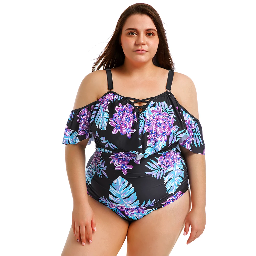 2020 размера плюс купальник Танкини набор листьев лотоса рюшами Большой размер два