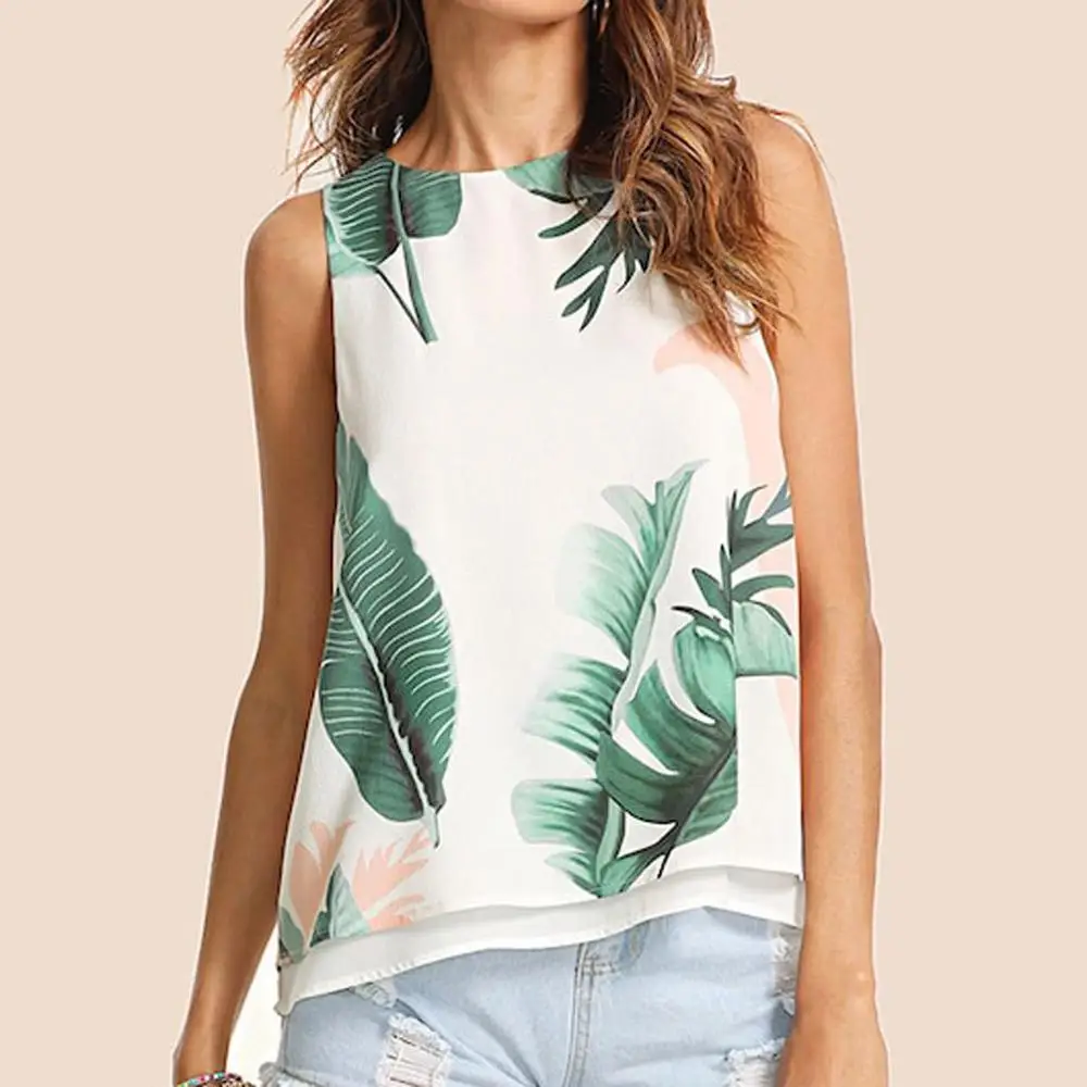 Женские летние топы с круглым вырезом и принтом в виде листьев жилет без рукавов