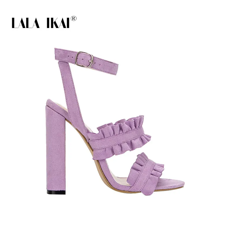 Purple LALA IKAI/женские босоножки на высоком каблуке с оборками; однотонные вечерние женские модельные босоножки на квадратном каблуке с ремешком и пряжкой; 100C1920-4 - Цвет: Purple
