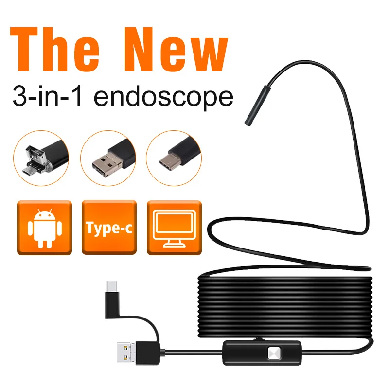 Камера эндоскоп с объективом 7 мм 1 м 2 провод Type C/USB/Micro USB/borescops Инспекционная