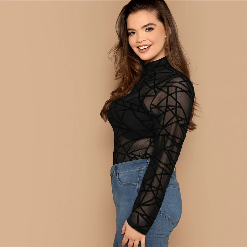 SHEIN Сексуальный Прозрачный Топ С Длинным Рукавом Облегающая Блузка Без Бра
