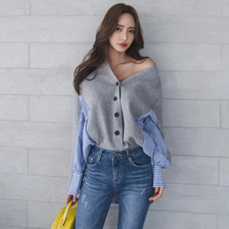 Korobov Korean Women 2019 Sweaters Patchwork V-Neck Female Sweater Long Sleeve Single Breast Cardigan Striped Mujer Sueter 76268 |