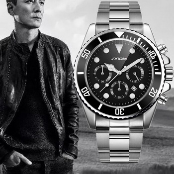 SINOBI Stainless Steel Watch Men Black Rotatable Clock Fashion Business Chronograph Quartz Wrist Watch Sports Relogio Masculino