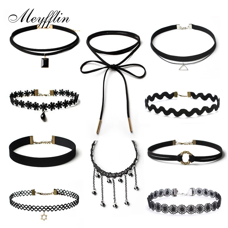 Meyfflin 10 шт./компл. Черное кружево Цепочки и ожерелья Набор Колье S для Для женщин