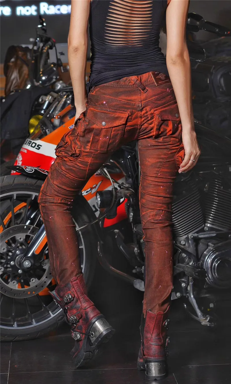 Новинка, Uglybros, винтажные, старые, оранжевые, красные джинсы, moto rcycle, брюки, spodnie moto cyklowe, женские, мото штаны, deslizaderas rodilla de moto