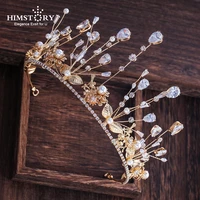 himstory handmade cubic zircon bridal hairbands wedding hair accessories gold leaf crystal headband women party hair jewelry