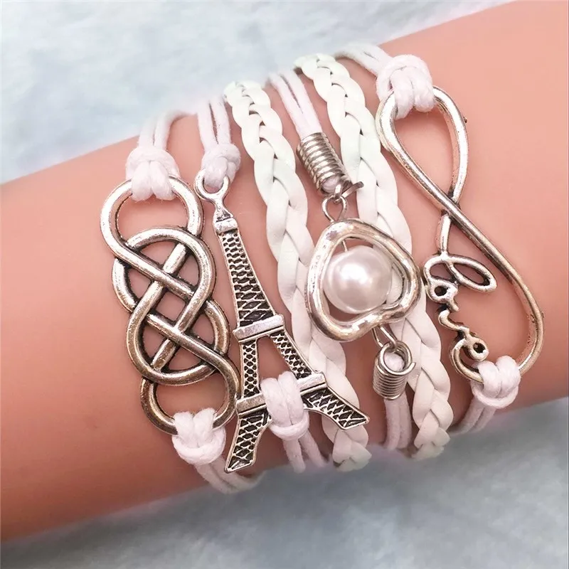 Кожаный браслет PINKSEE белого цвета Бесконечность Любовь Сердце Эйфелева башня