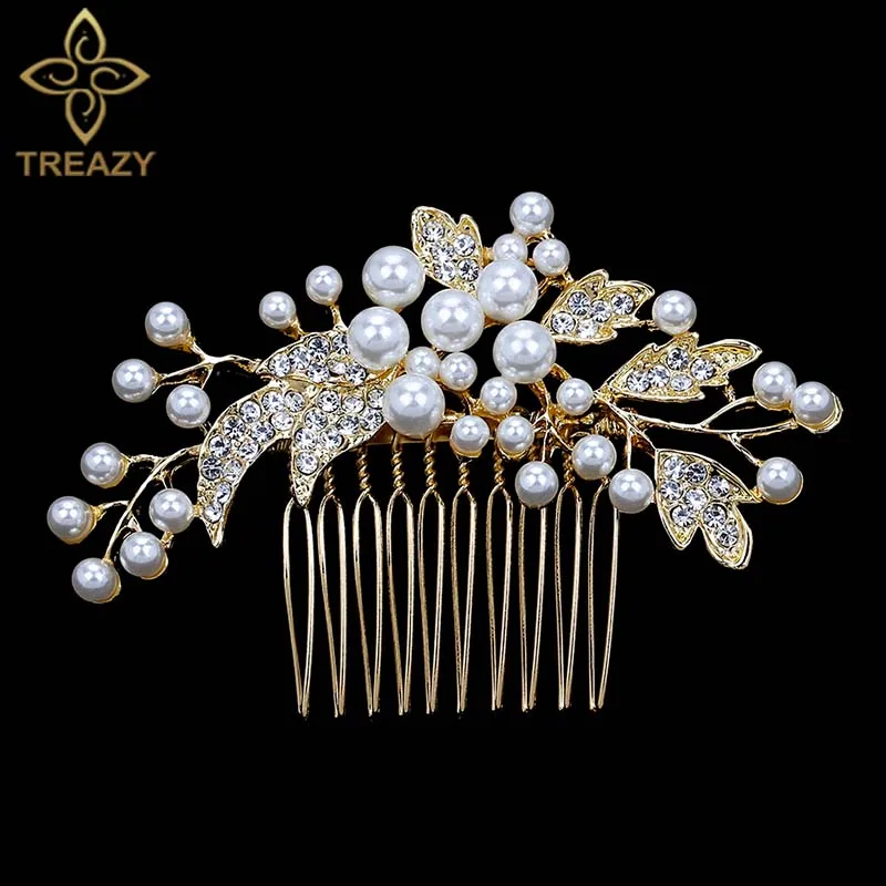 Design 2 Gold TREAZY/свадебные расчески для волос золотого цвета для женщин, украшенные жемчугом и кристаллами, свадебные аксессуары для волос, головной убор для дня рождения, диадема для невесты - Окраска металла: Design 2 Gold