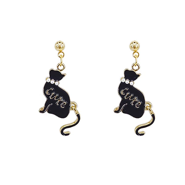 JZTOP Lady Classic Black White Cat Stud Earrings Cute Imitation Pearl Asymmetric Animal Earring For Woman Oorbellen Girl Jewelry - Окраска металла: black earrings