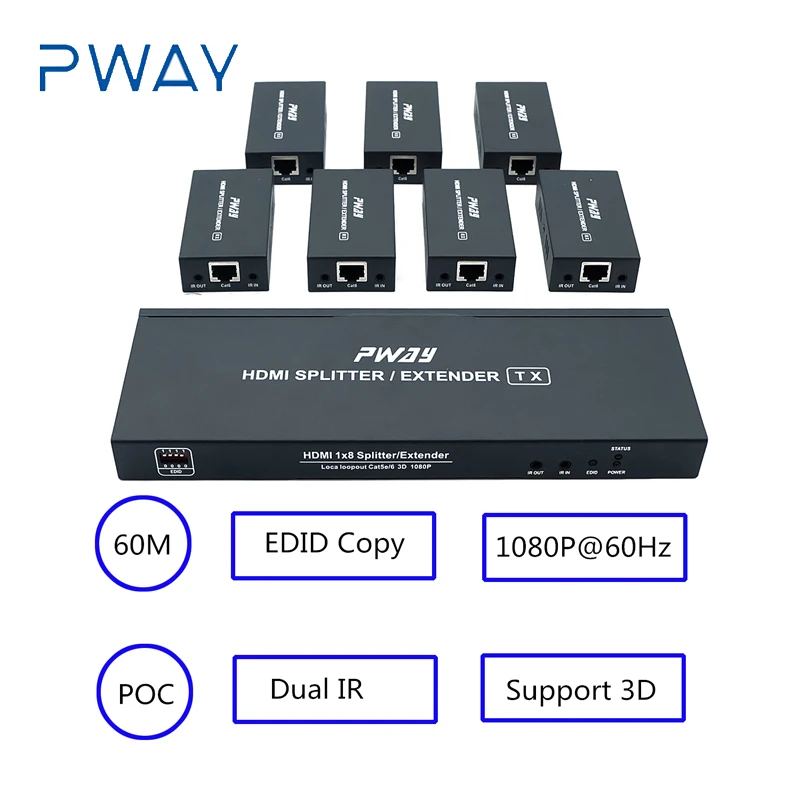 60 м HDMI расширитель с ИК разветвитель 2 порта Поддержка EDID копия пульта
