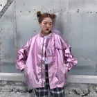 Куртка-бомбер в стиле Харадзюку унисекс, свободный солнцезащитный пиджак на молнии, серебристый кардиган для сценических танцев, шоу, верхняя одежда