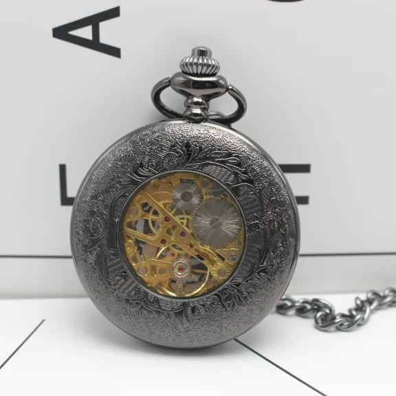 

Vintage Antique black Classic elegant Mechanical pocket watch Men And Woman clock luxury gift Mechanical FOB chain pocket watch
