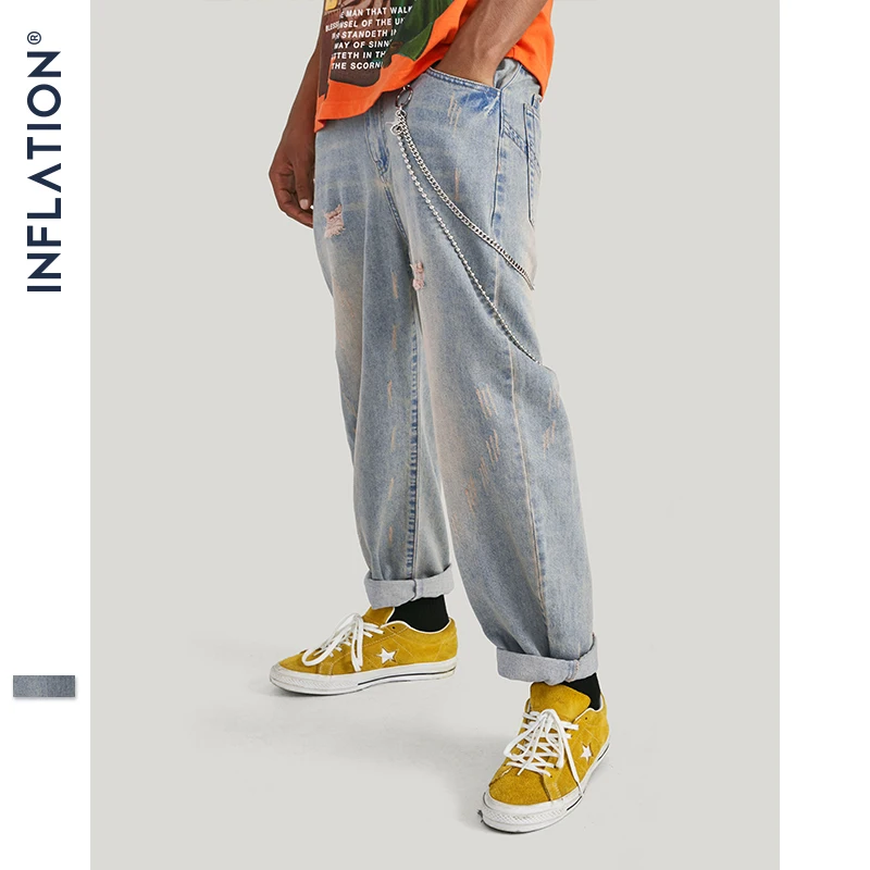 Инфляция 2019 AW Новое поступление уличная Жан Брюки прямые светильник синие джинсы