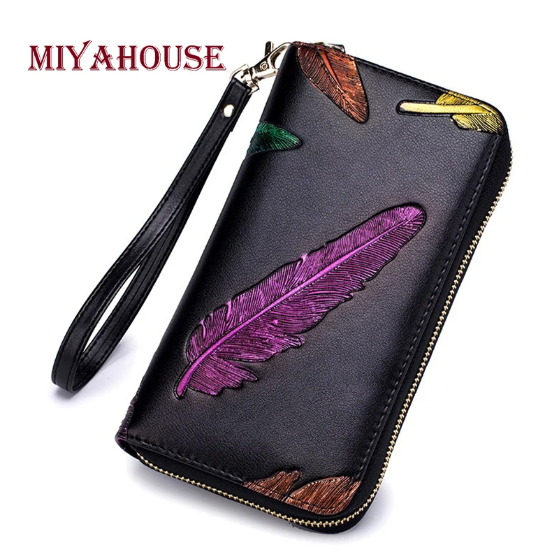 Miyahouse модные тисненые перья держатель для карт женские кошельки Высокая емкость кредитный держатель для карт кошелек женский сотовый телефон сумки