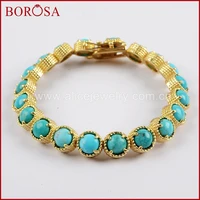borosa 12pcs gold color round twenty stone natural turquoises bracelet natural blue stone bangle jewelry zg0338