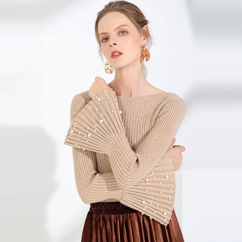 Autumn Women Sweater And Pullovers Knitting Pearl Beading Slim White Femme Tricot Pull | Женская одежда