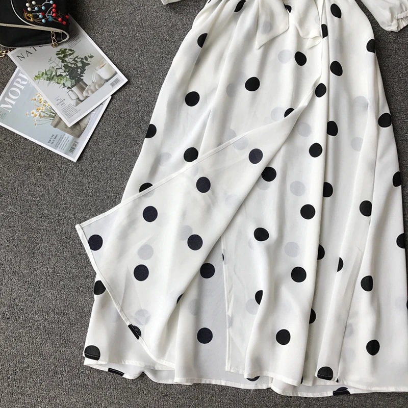 Винтаж в горошек с длинными платье рубашка Для женщин 2019 мод коротким рукавом