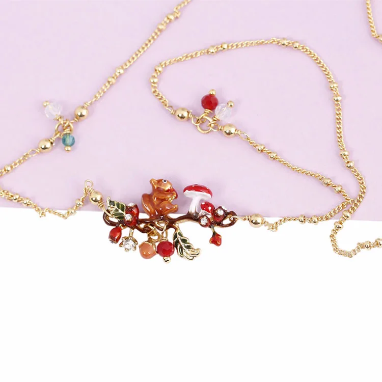 Lovely enamel glaze squirrel Red mushroom Pine nuts pendant necklace for women lady party jewelry choker necklaces | Украшения и