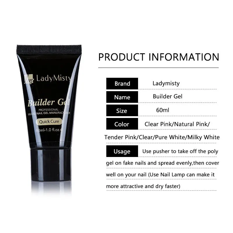 Ladymisty, 60 мл, полигель для ногтей, акриловый, французский набор, замачивается, УФ, желе, прозрачный розовый гель, гель для наращивания ногтей, кончики для наращивания ногтей, форма для ногтей