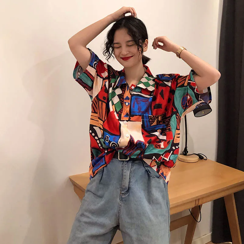 NiceMix Мода Harajuku Женская одежда Летний стиль блузки с принтом «граффити» Женские рубашки в винтажном стиле BF Топы Hipster