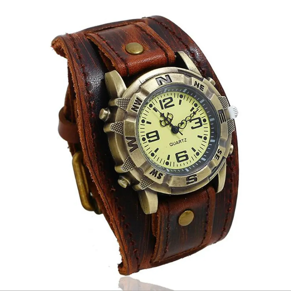 W01471 retro brown Винтажные Ретро Большие широкие часы с ремешком из натуральной кожи, мужские панк кварцевые часы-манжета, наручные часы, браслет, браслет, relogio masculino - Цвет: W01471 retro brown