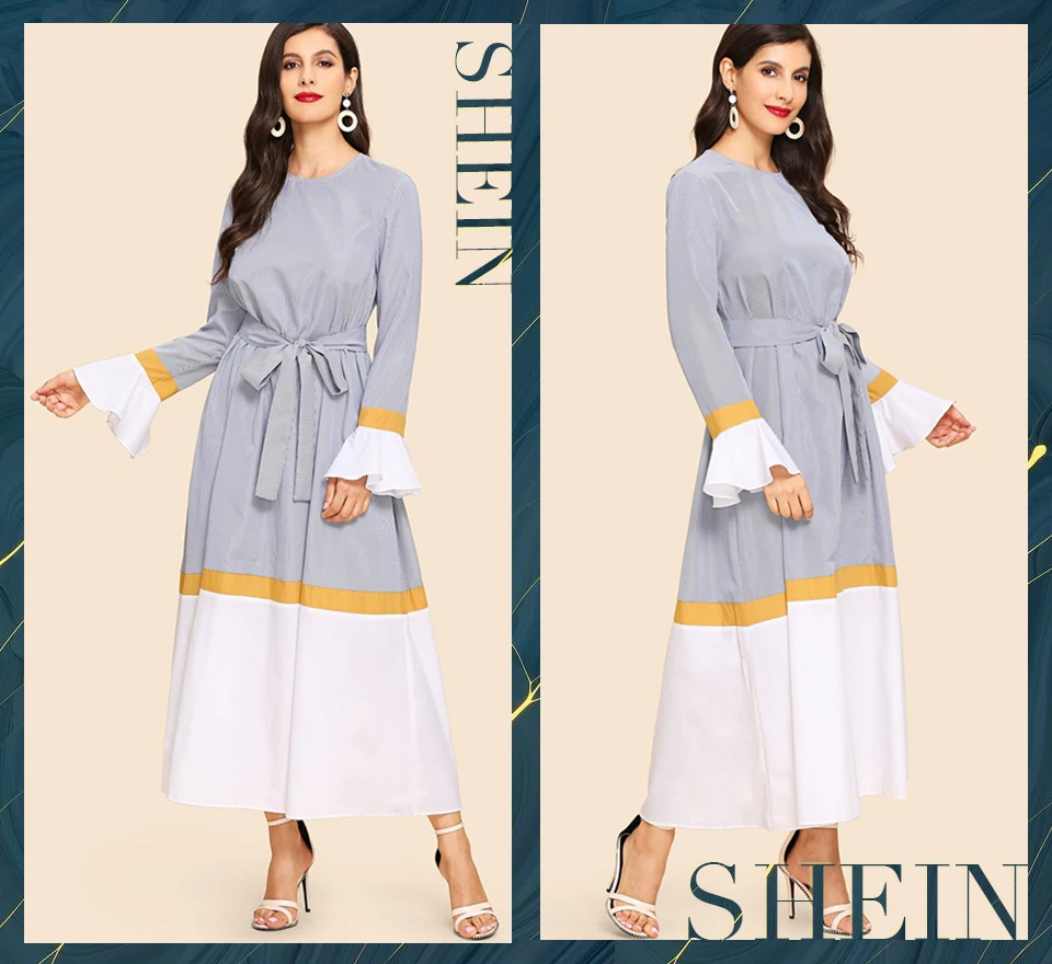 SHEIN Контрастное Платье С Поясом И Оригинальным Рукавом Женские Весенние Многоцветные Модные Платья С Длинными Рукавами И Оборками