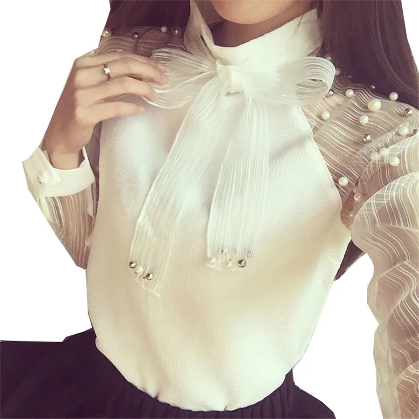 2018 Новая мода весна плюс размер белые женские шифоновые рубашки тонкий галстук