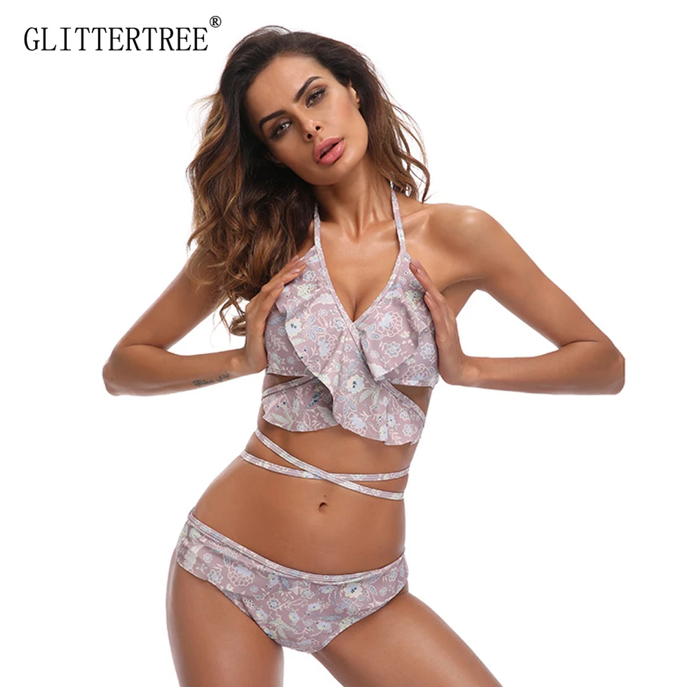 Сексуальный купальник из двух частей с буквенным принтом и рюшами большие